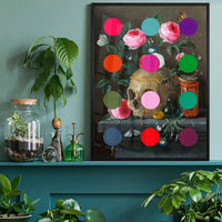 Modern Art Dots Still Life Skull and Flowers Altered Art Print