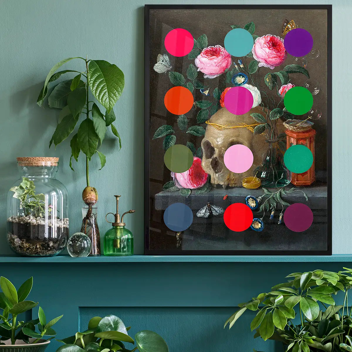 Modern Art Dots Still Life Skull and Flowers Altered Art Print