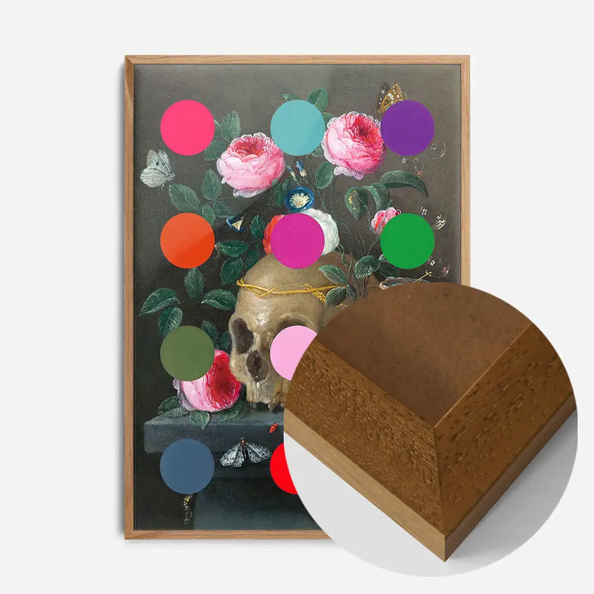 Modern Art Dots Still Life Skull and Flowers Altered Art Print