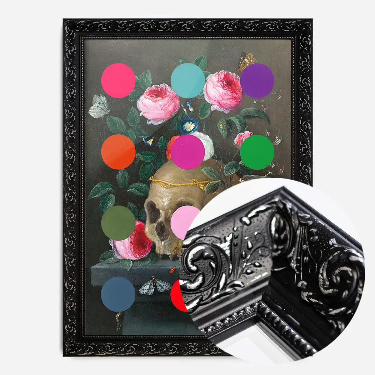 Modern Art Dots Still Life Skull and Flowers Altered Art Print