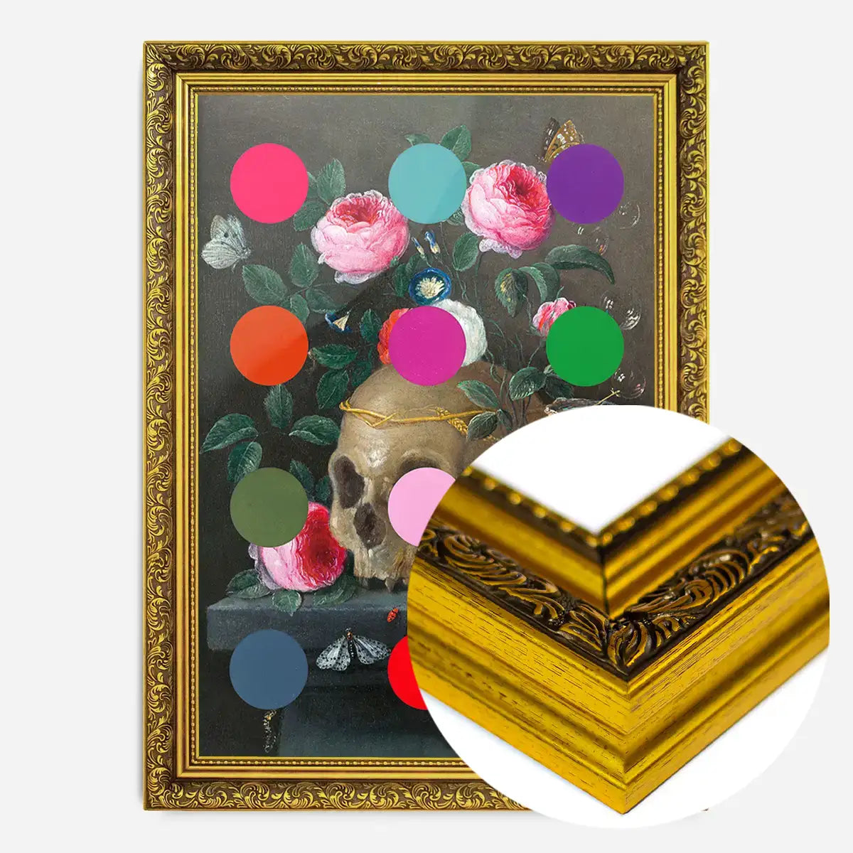 Modern Art Dots Still Life Skull and Flowers Altered Art Print