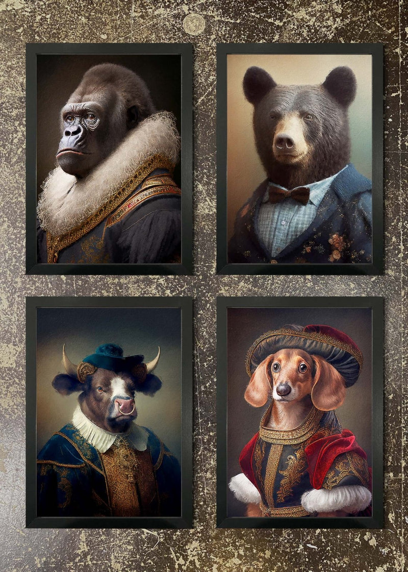 4 Prints & Frames - Gorilla, Black Bear, Bull, Dashchund