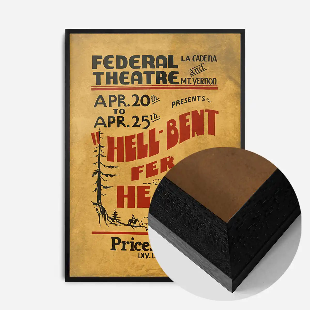 Federal Theatre vintage poster print in a black wood frame, side profile