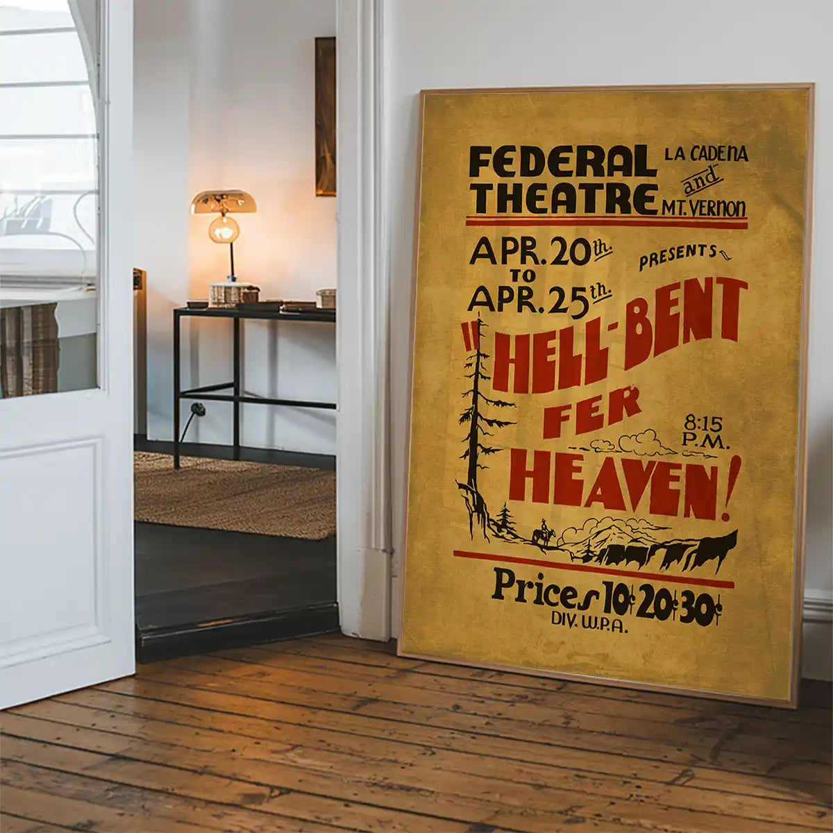 Federal Theatre vintage poster print shown framed in a home interior
