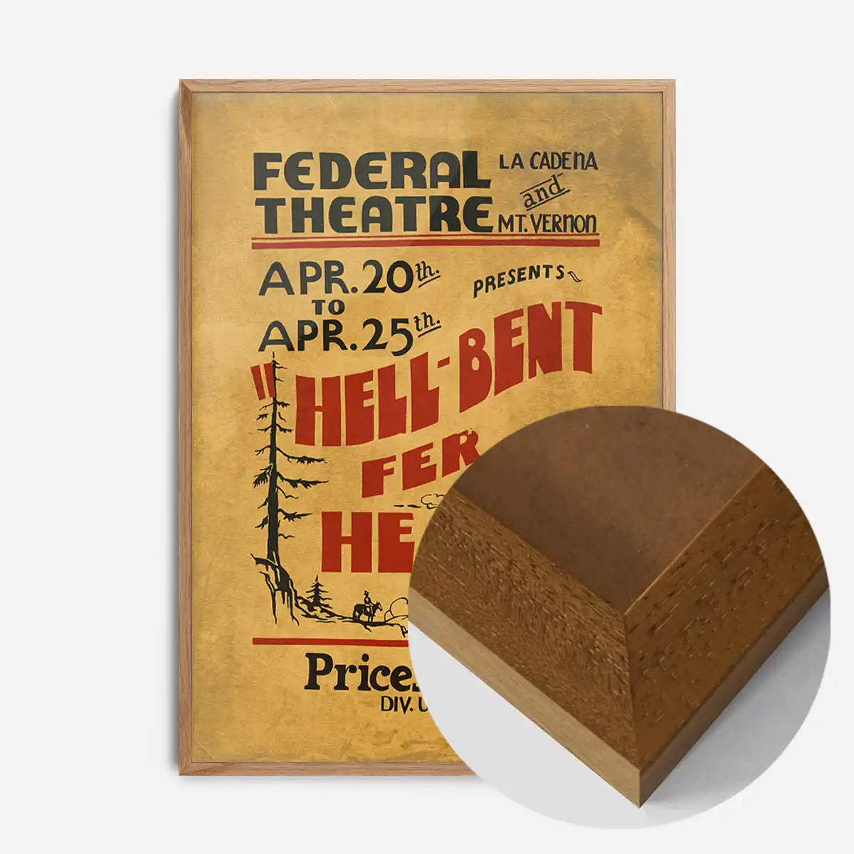Federal Theatre vintage poster print in an oak wood frame, side profile