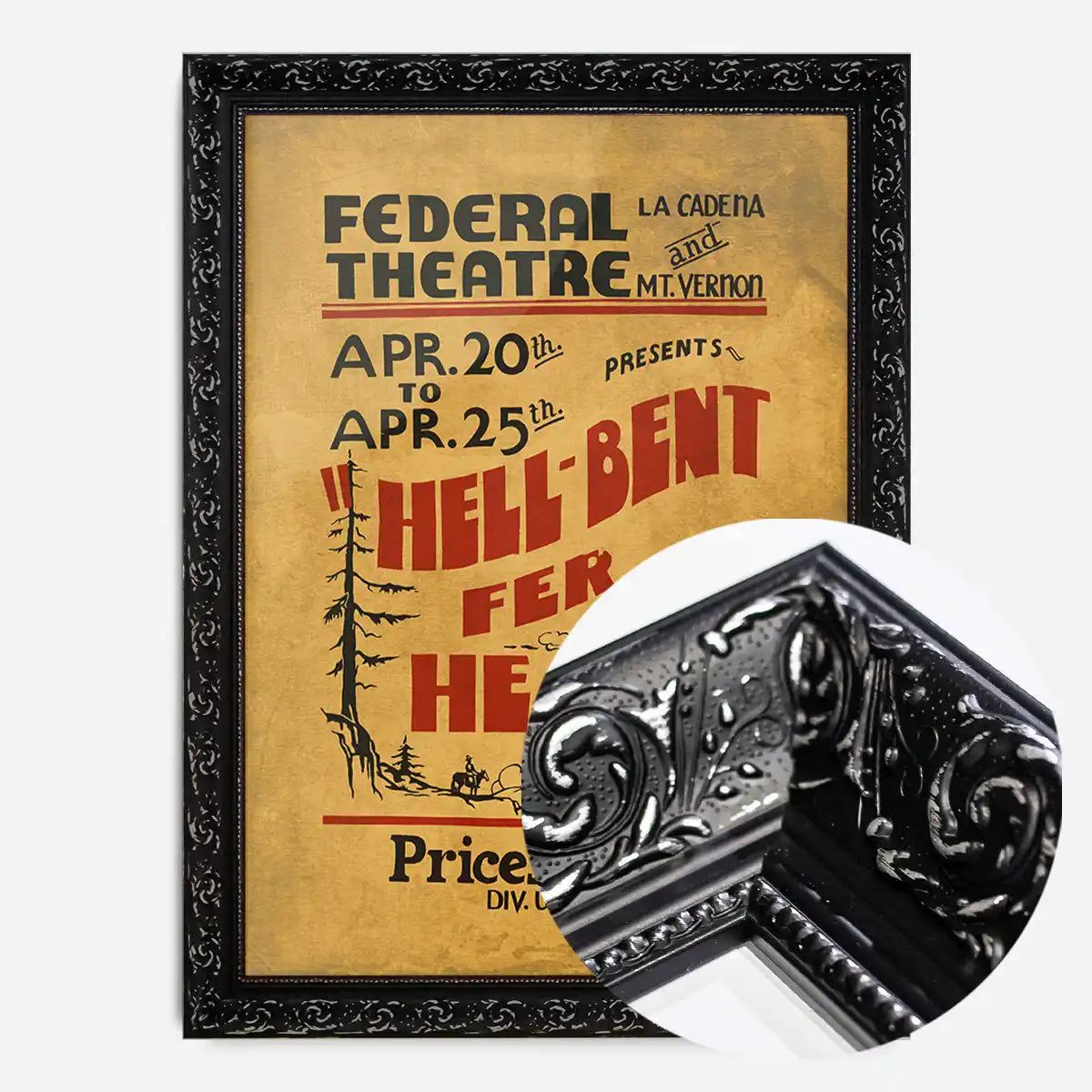 Federal Theatre vintage poster print in an ornate black frame, side profile