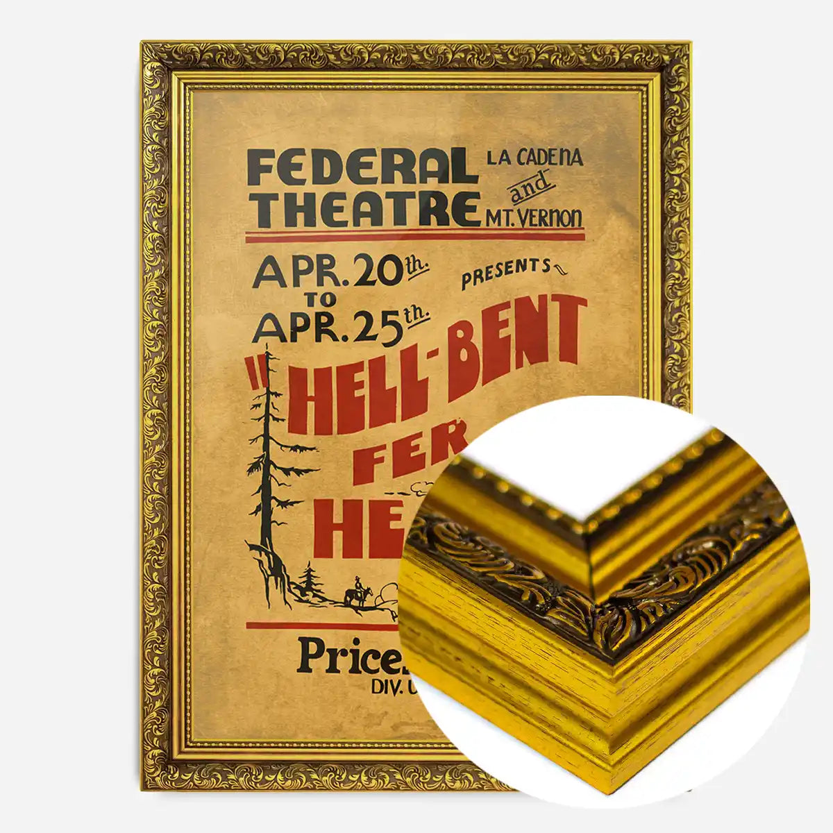Federal Theatre vintage poster print in an ornate gold frame, side profile