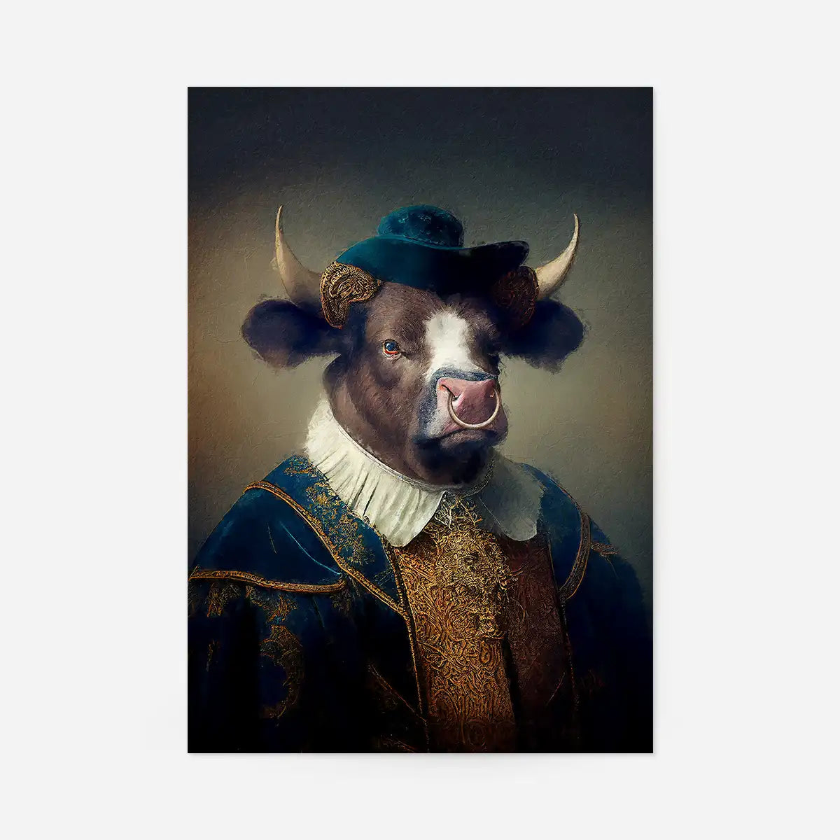 Bull with Hat Animal Head Portrait Print