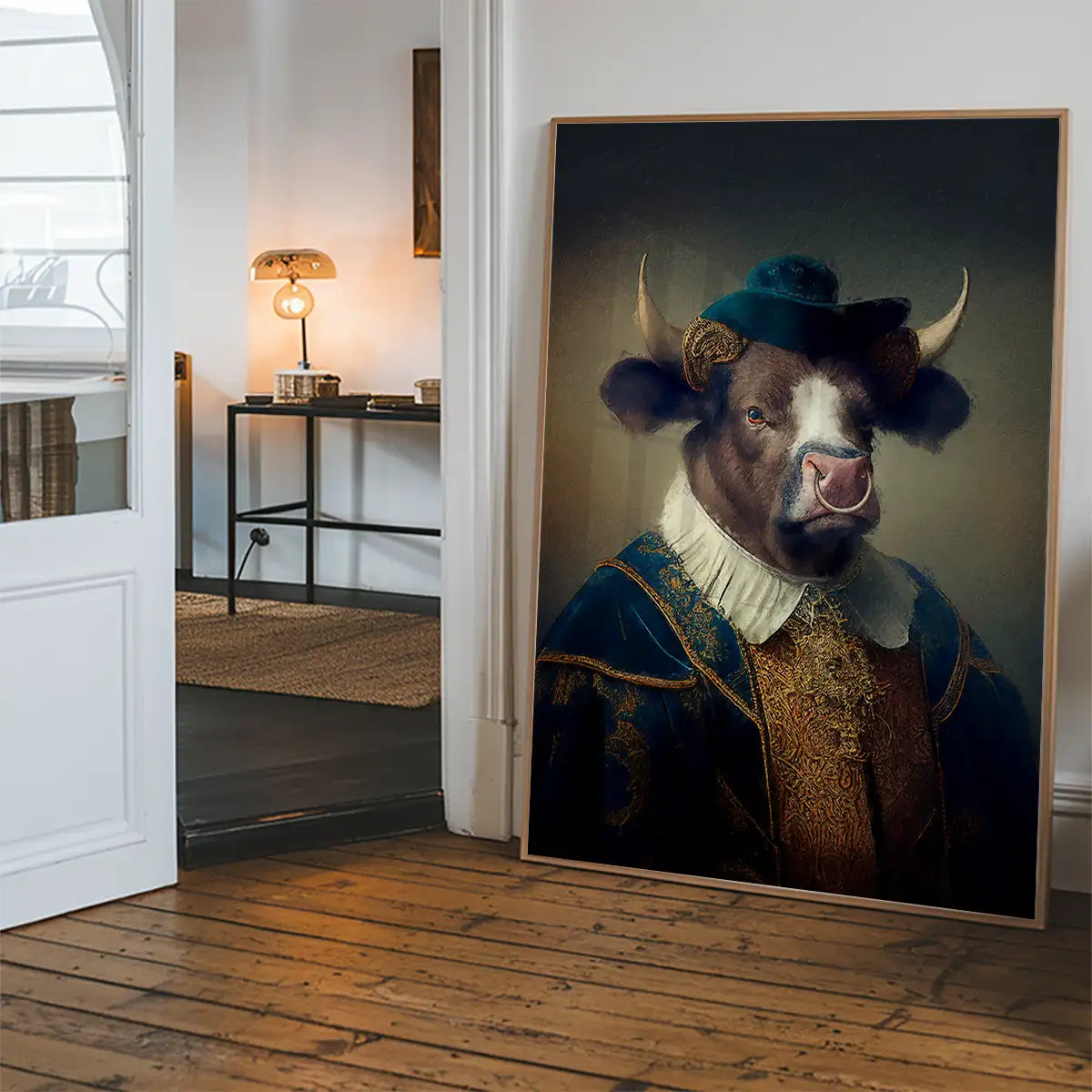 Bull with Hat Animal Head Portrait Print