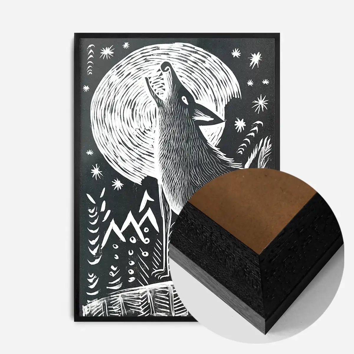 Black and White Wolf Folk Art Print