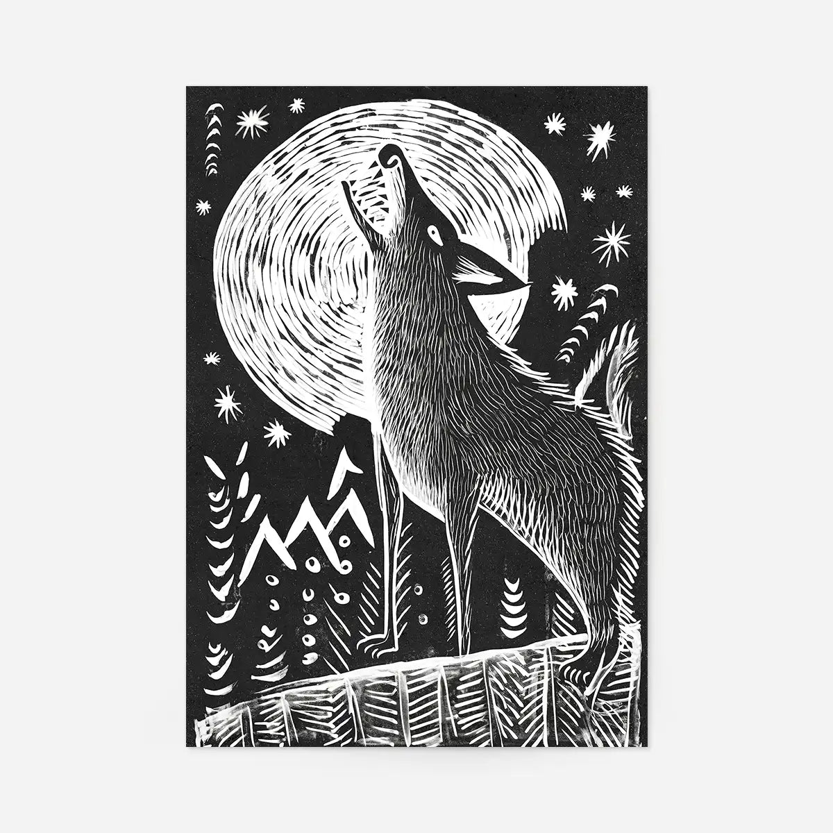 Black and White Wolf Folk Art Print