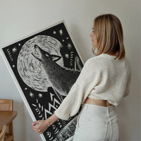Black and White Wolf Folk Art Print