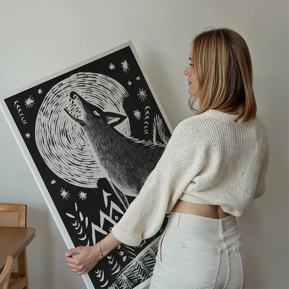 Black and White Wolf Folk Art Print