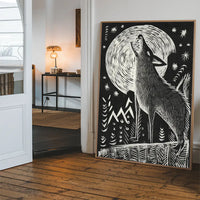 Black and White Wolf Folk Art Print