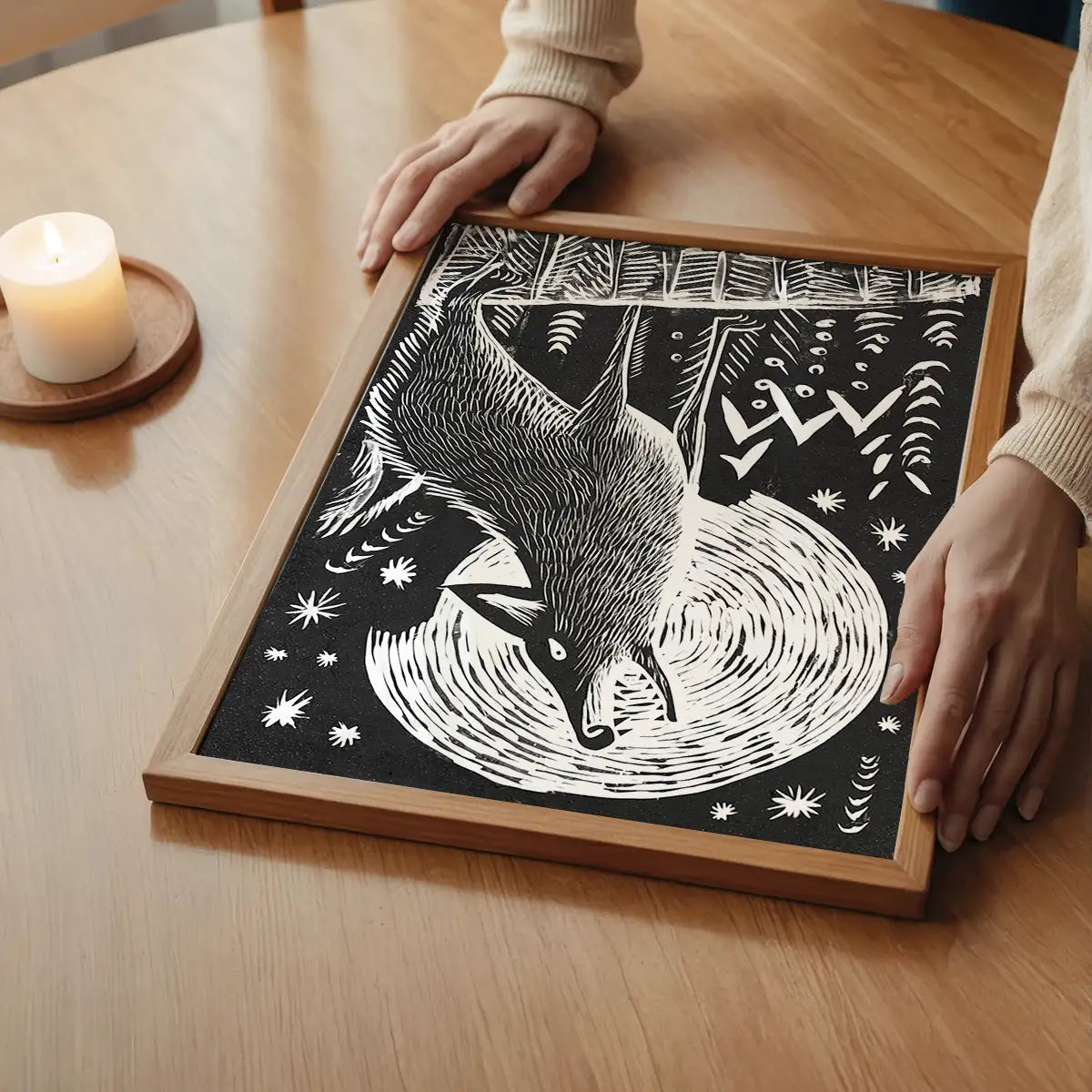 Black and White Wolf Folk Art Print