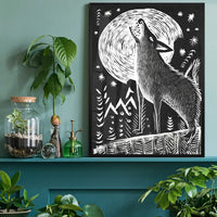 Black and White Wolf Folk Art Print