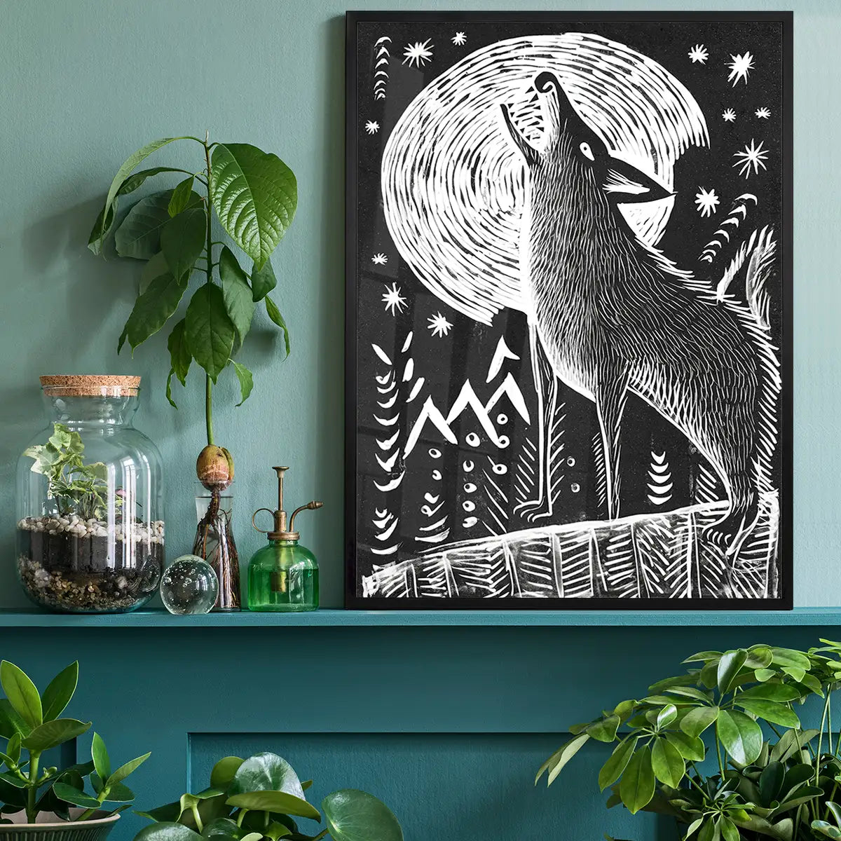 Black and White Wolf Folk Art Print