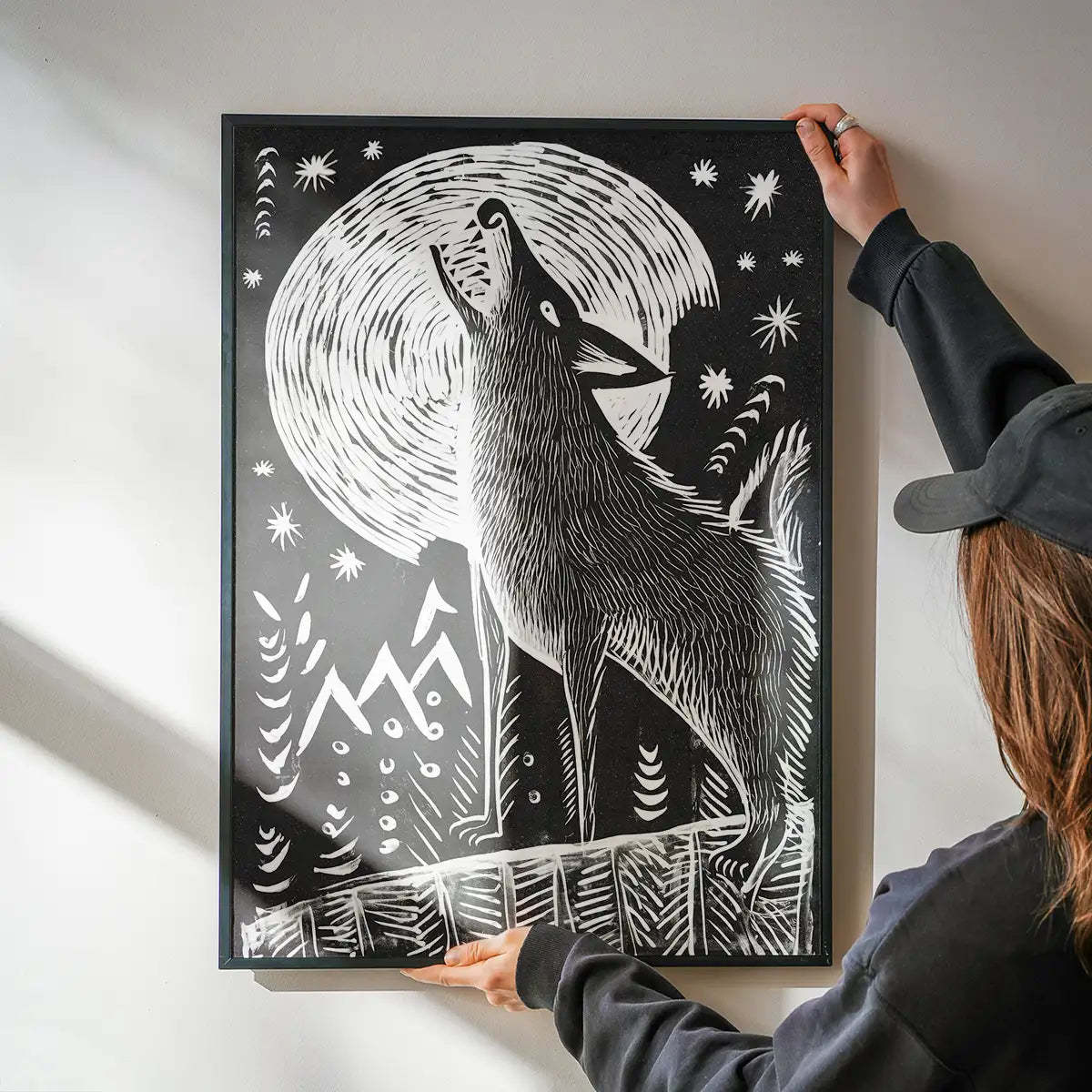 Black and White Wolf Folk Art Print
