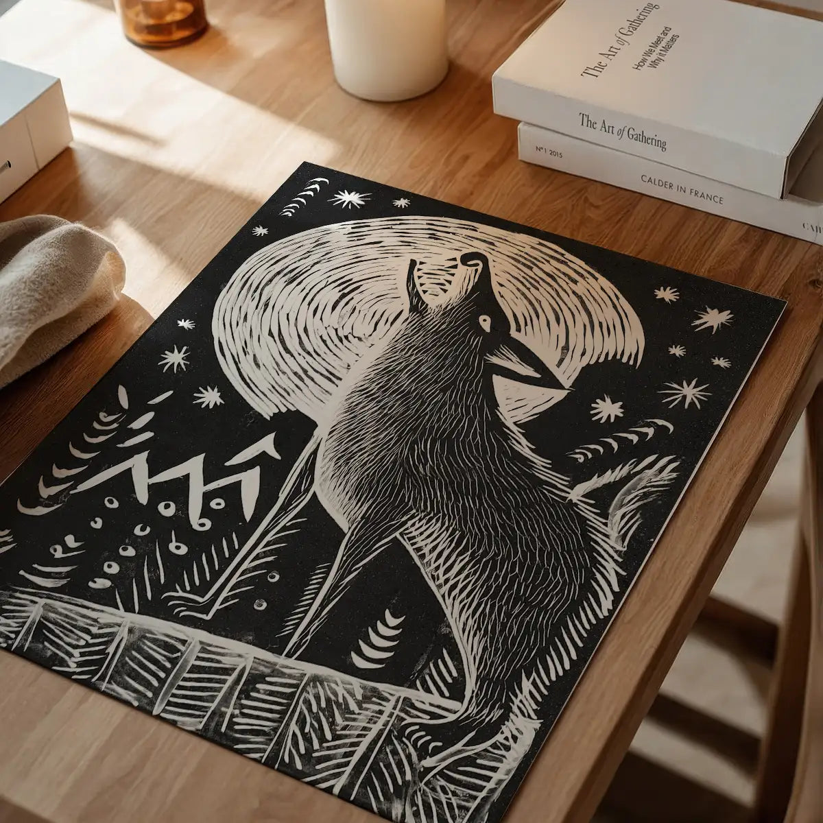Black and White Wolf Folk Art Print