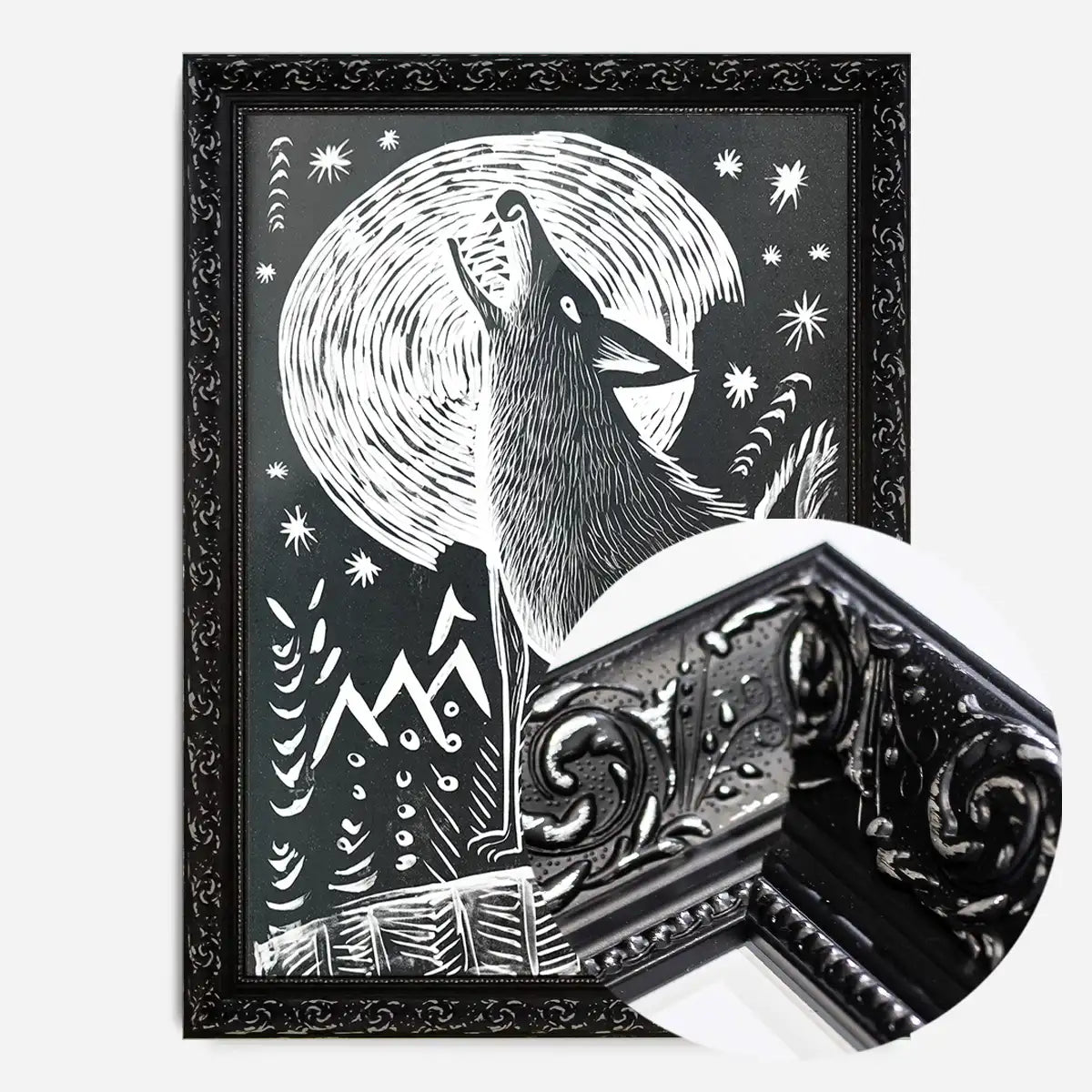Black and White Wolf Folk Art Print