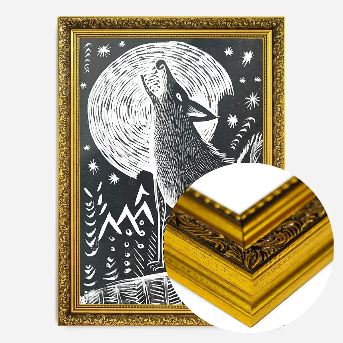 Black and White Wolf Folk Art Print