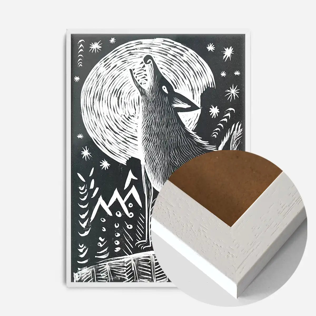 Black and White Wolf Folk Art Print