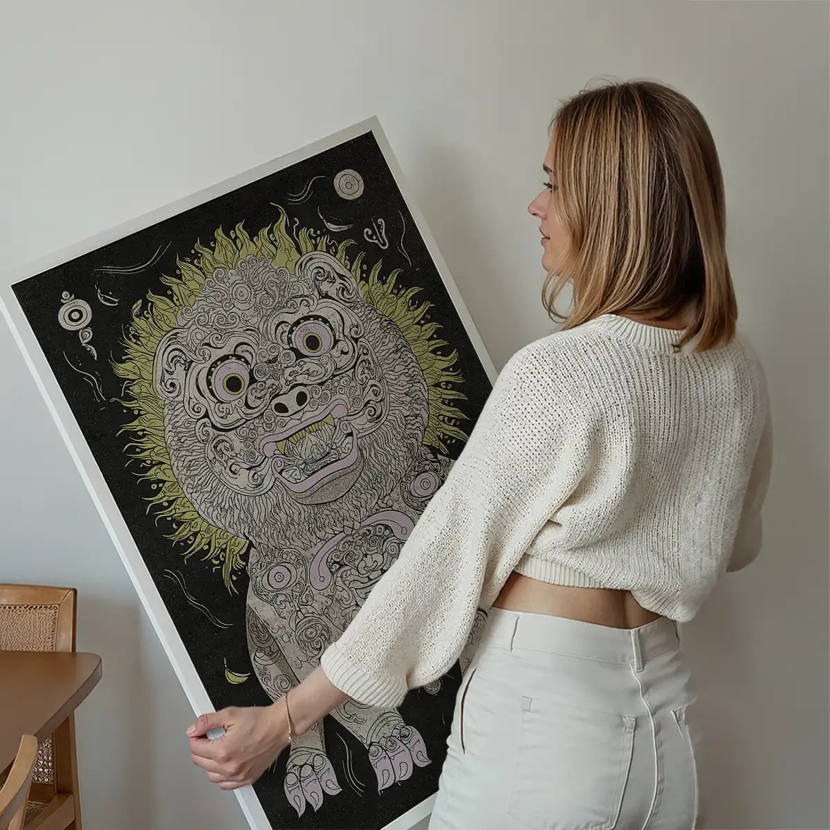Black and White Lion Folk Art Print