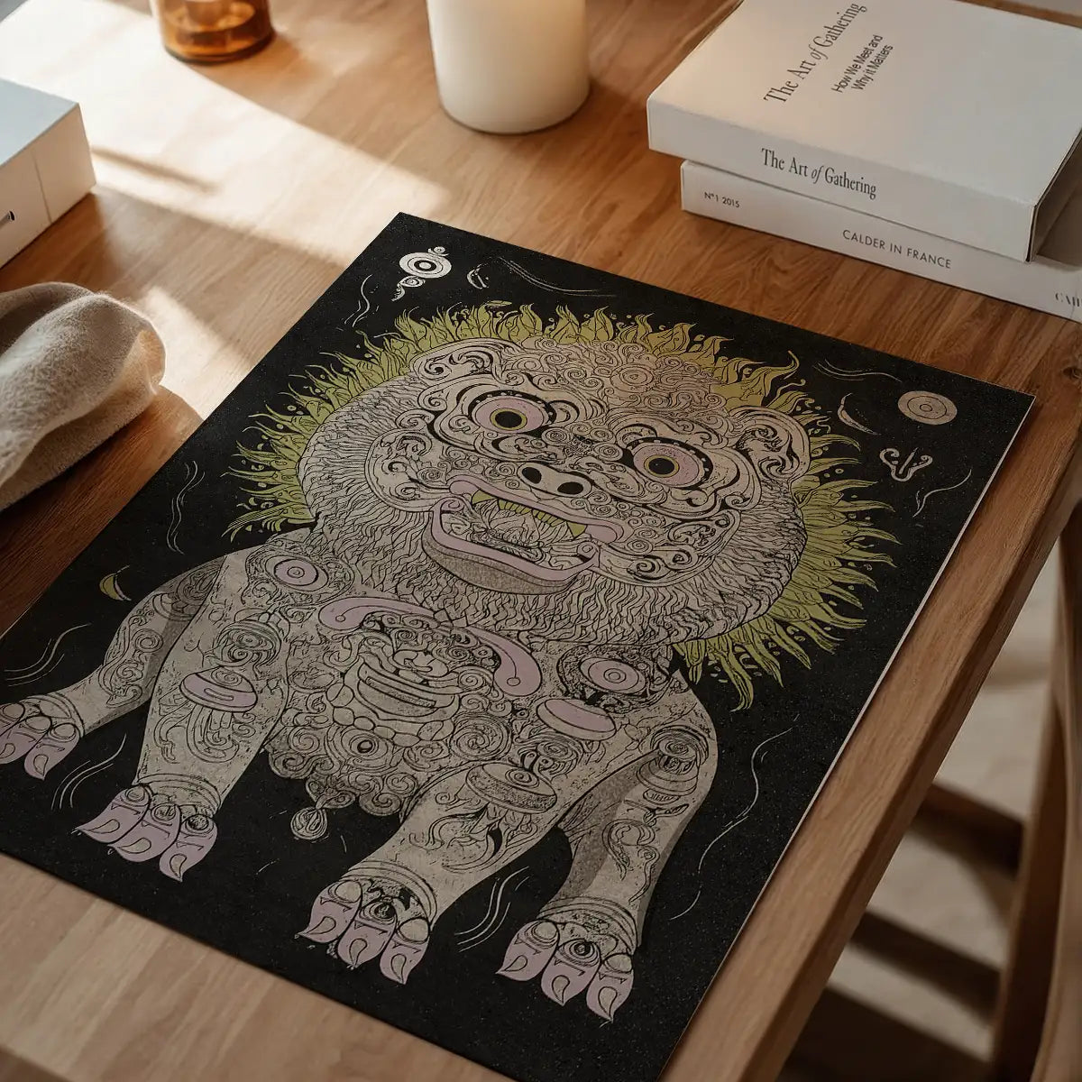 Black and White Lion Folk Art Print