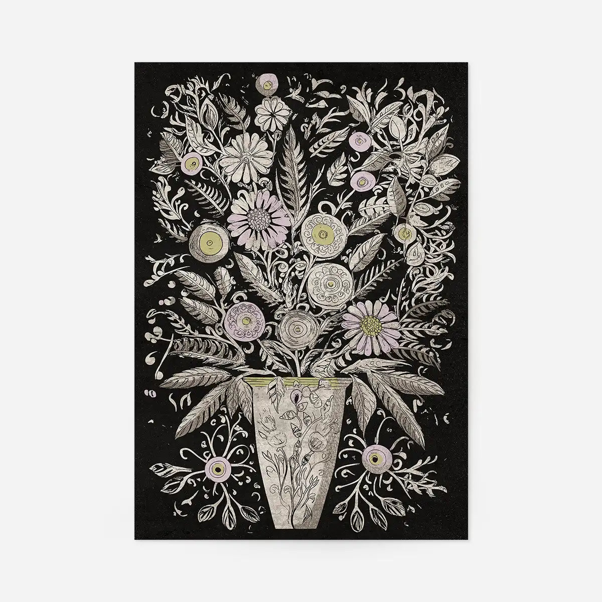 Black and White Flowers Folk Art Print