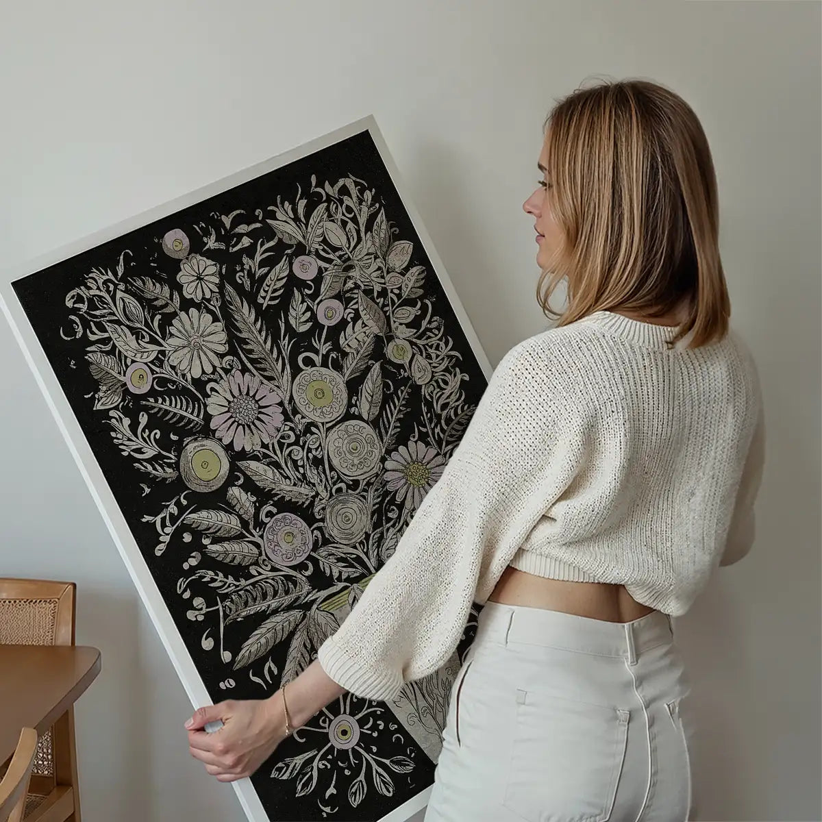 Black and White Flowers Folk Art Print