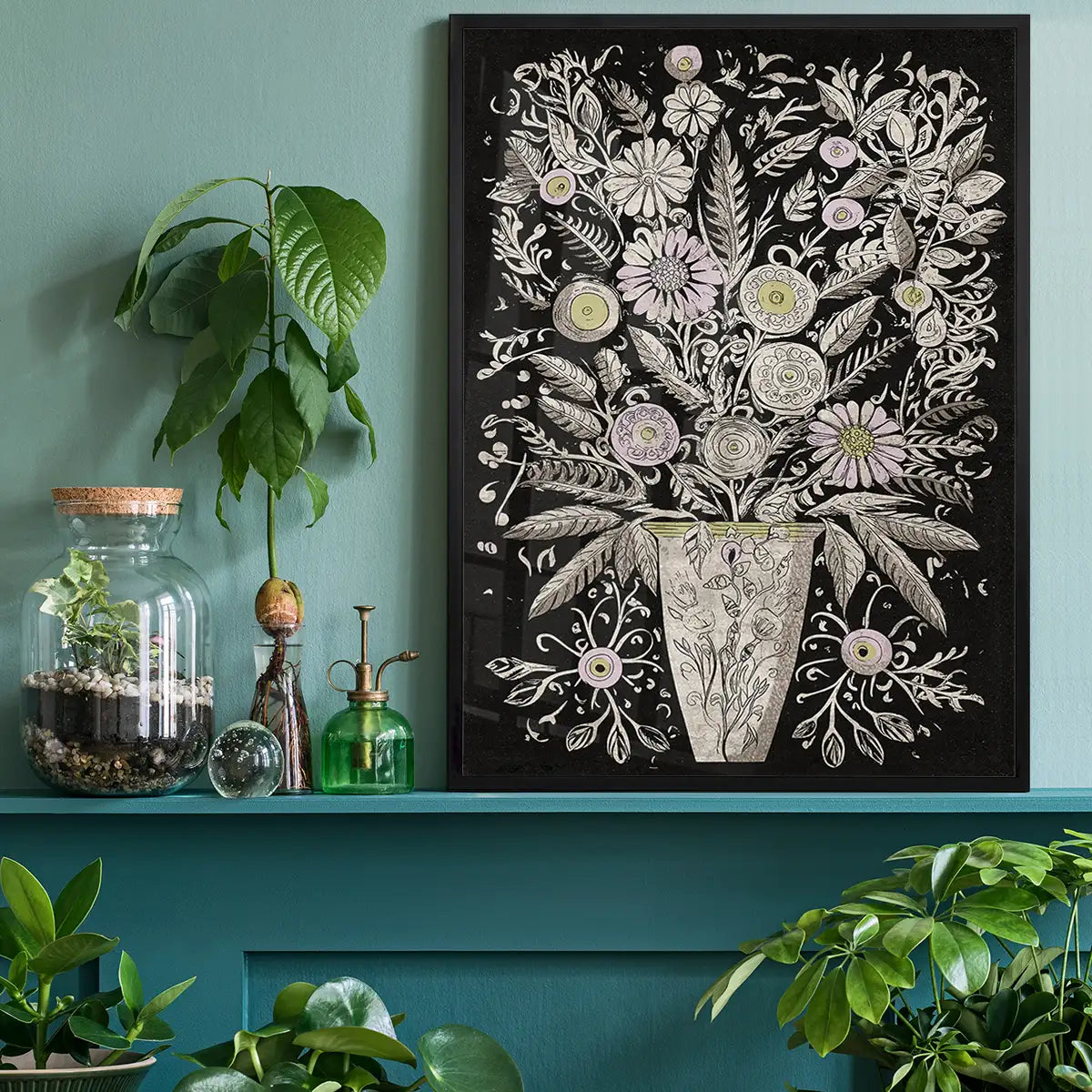 Black and White Flowers Folk Art Print