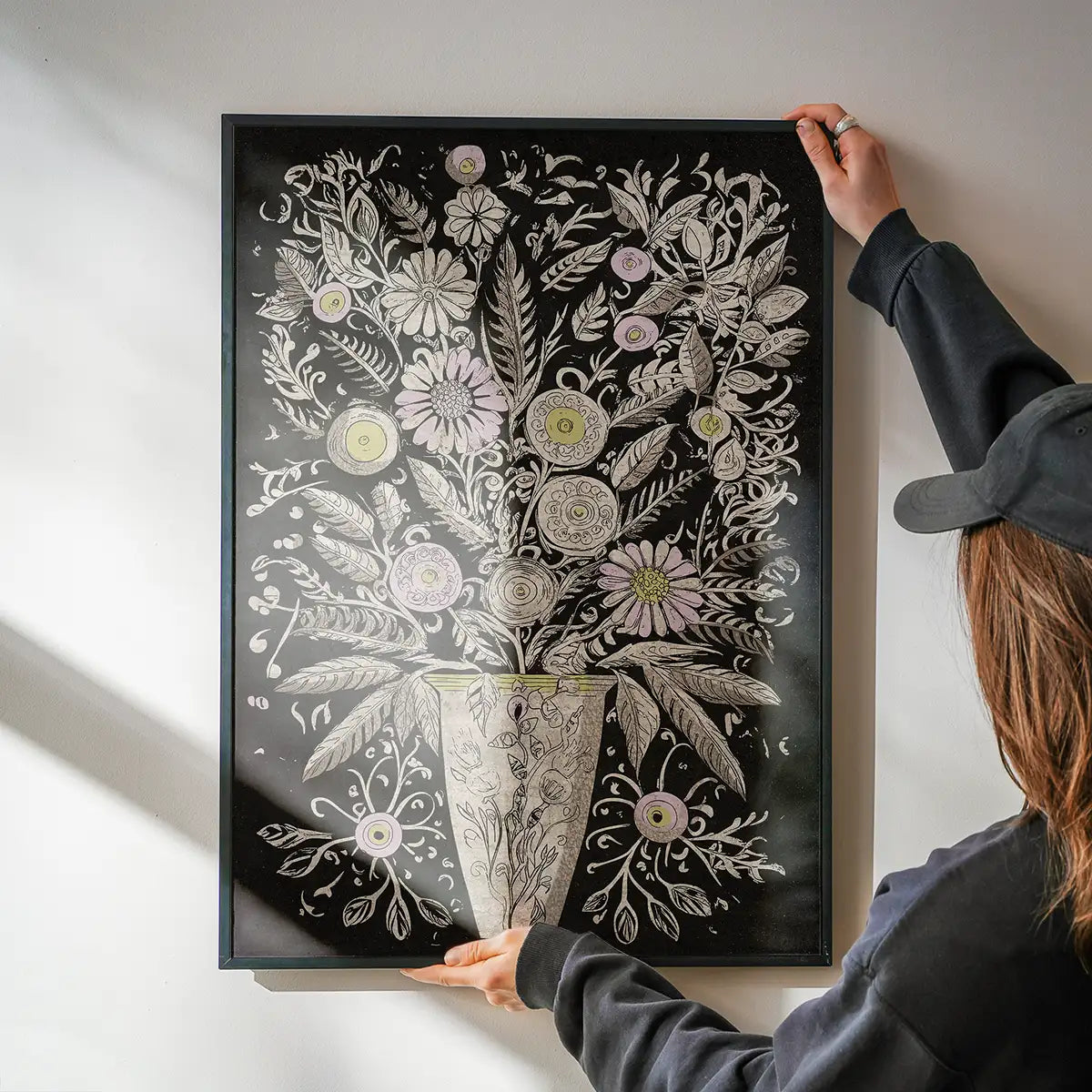 Black and White Flowers Folk Art Print