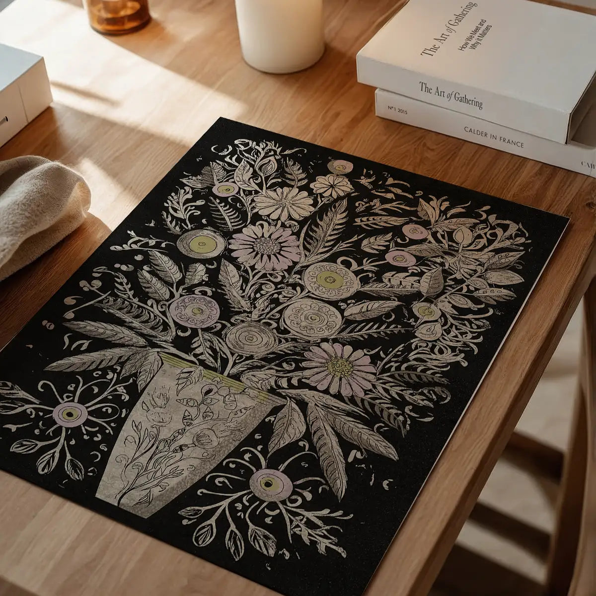 Black and White Flowers Folk Art Print