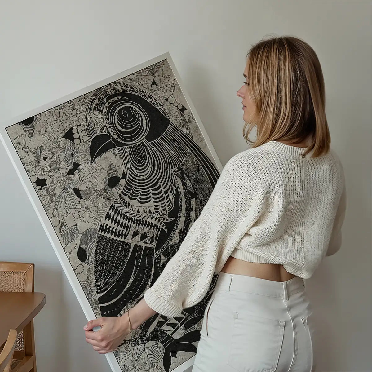 Black and White Bird Folk Art Print