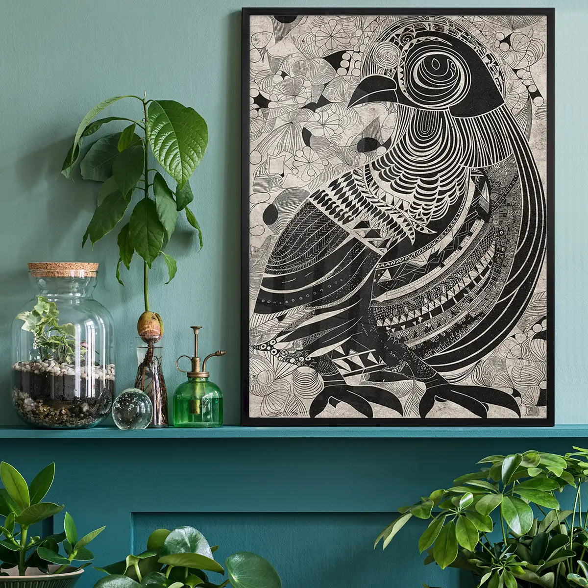 Black and White Bird Folk Art Print