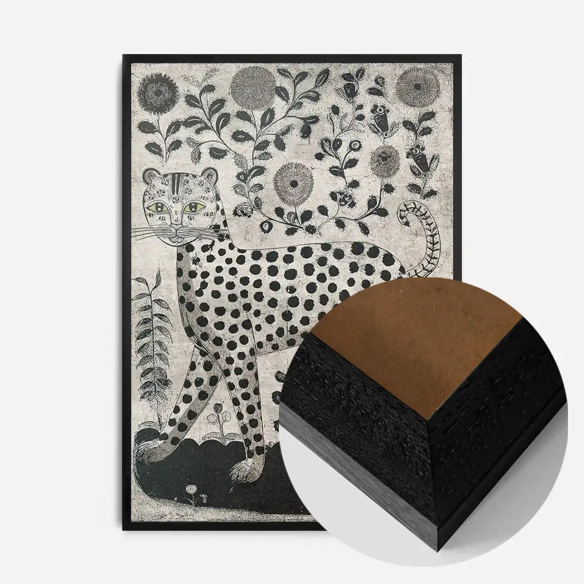 Black and White Leopard Folk Art Print