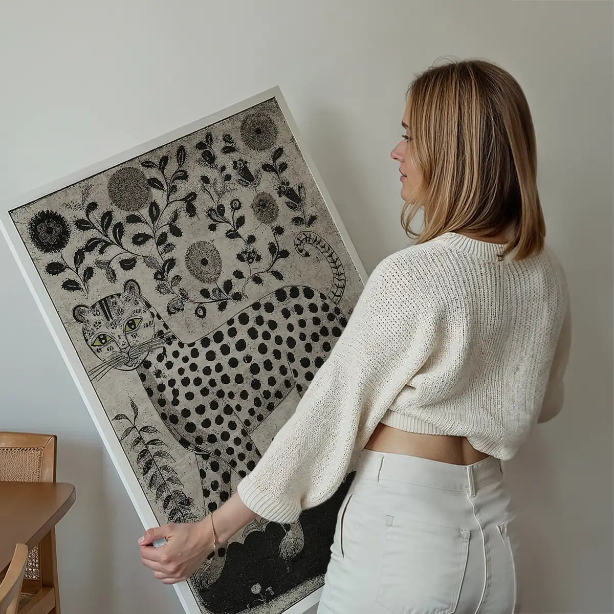 Black and White Leopard Folk Art Print