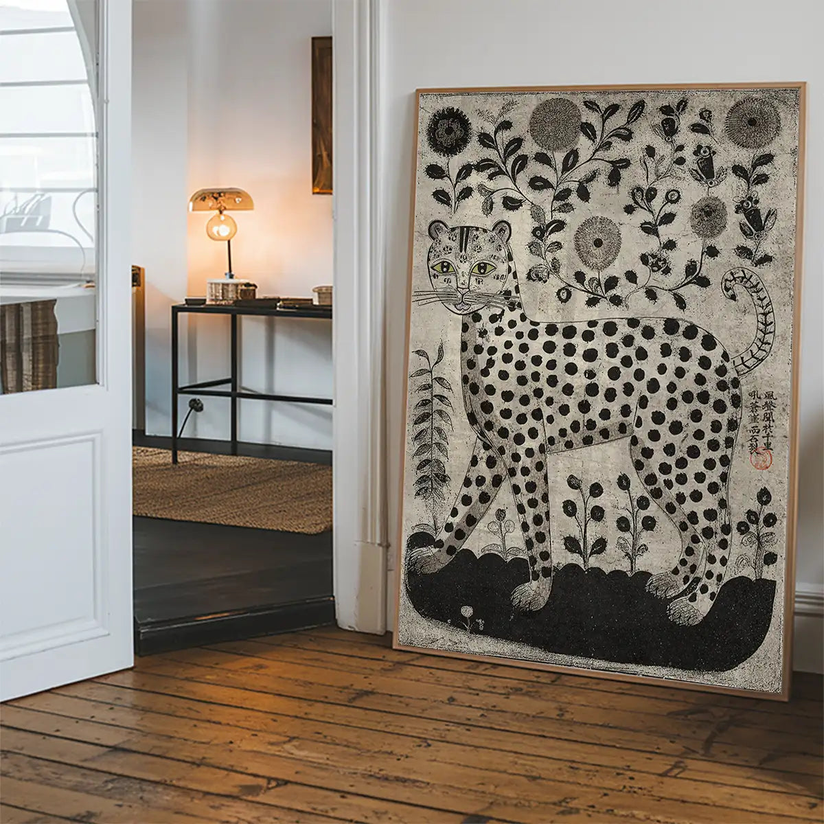 Black and White Leopard Folk Art Print
