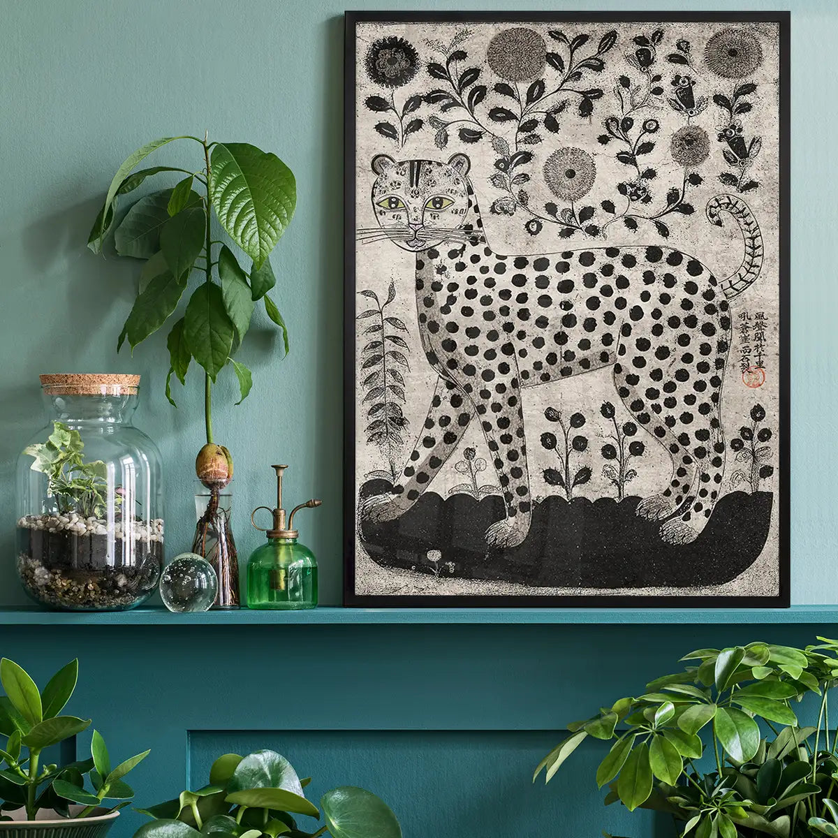 Black and White Leopard Folk Art Print