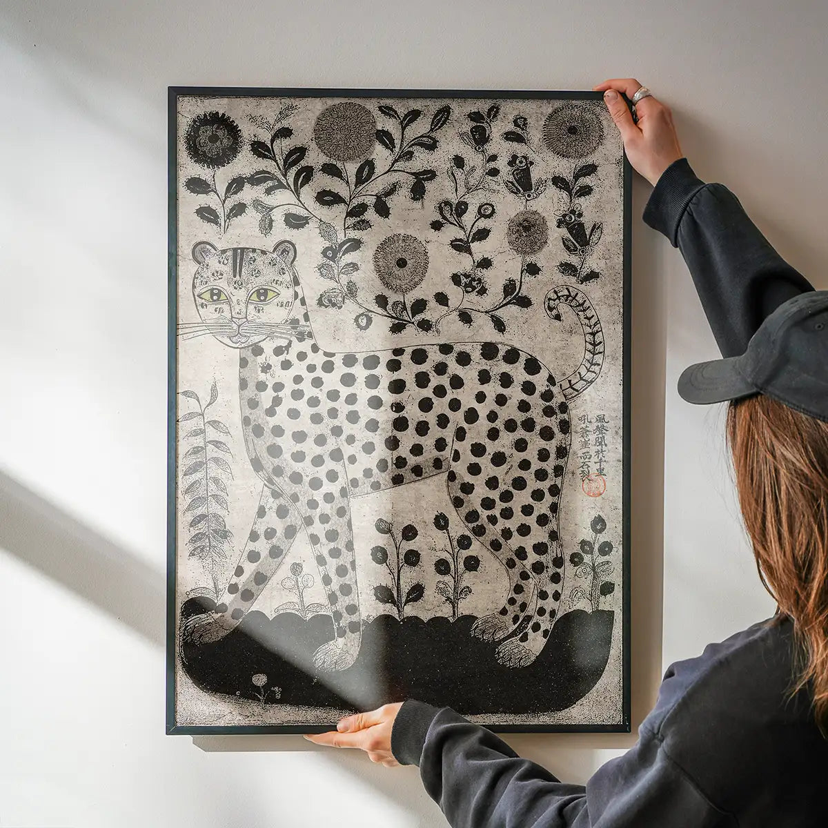Black and White Leopard Folk Art Print