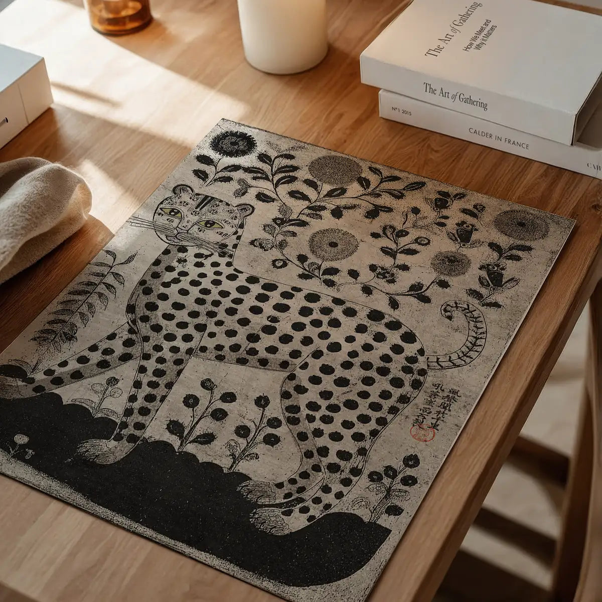 Black and White Leopard Folk Art Print