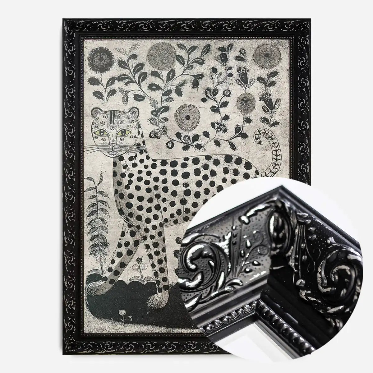 Black and White Leopard Folk Art Print