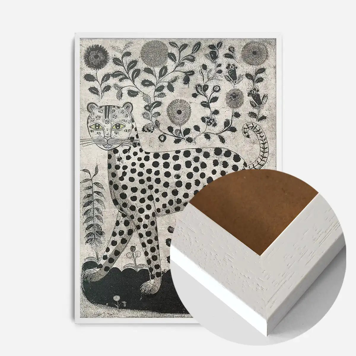 Black and White Leopard Folk Art Print
