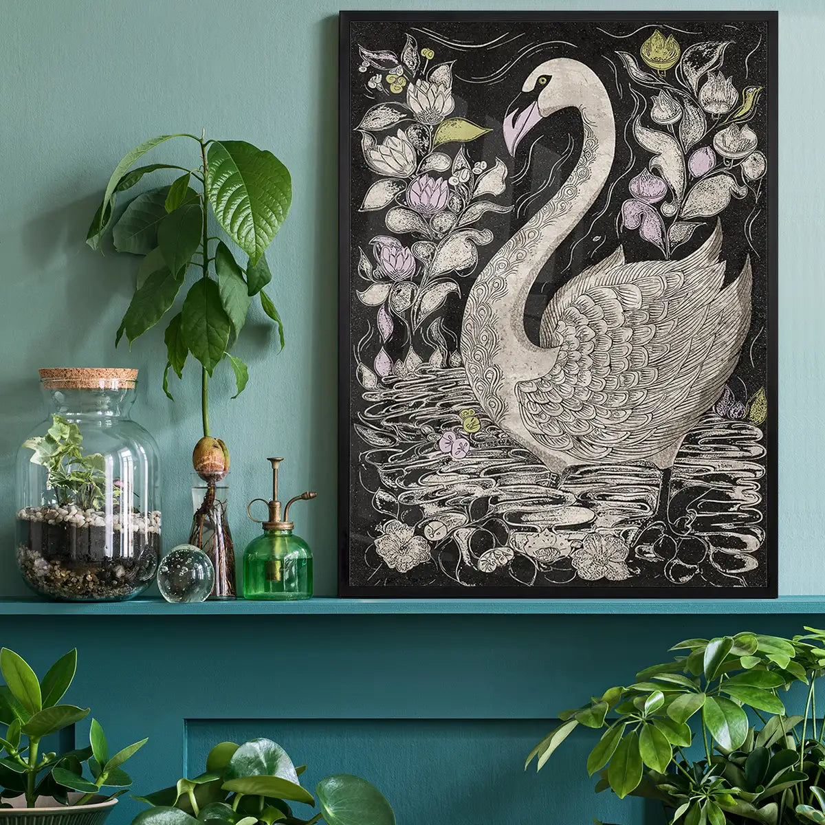 Black and White Swan Folk Art Print