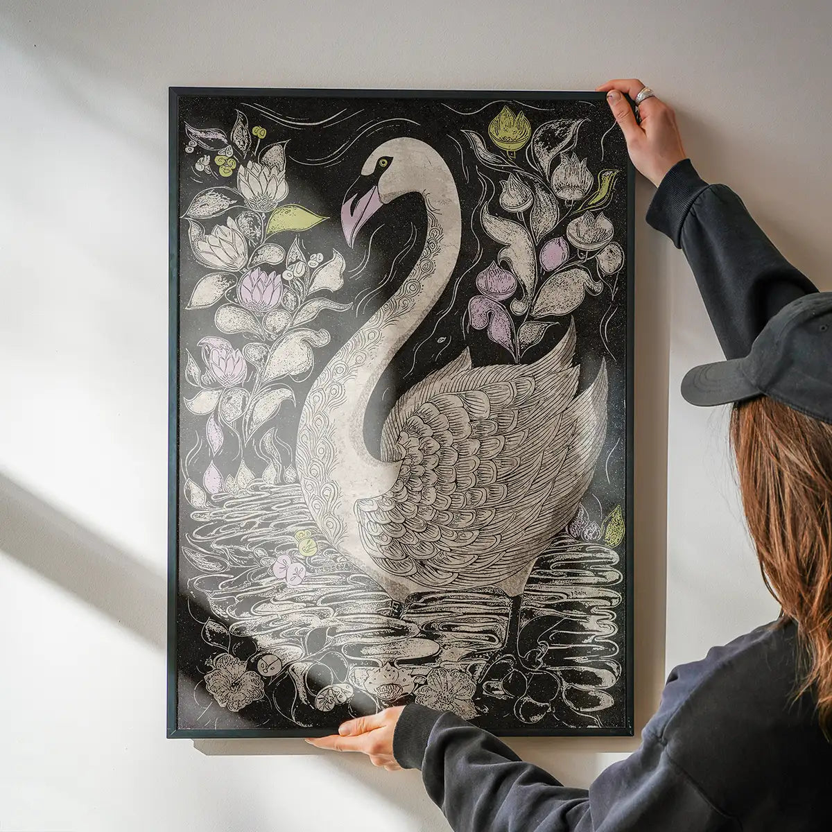 Black and White Swan Folk Art Print