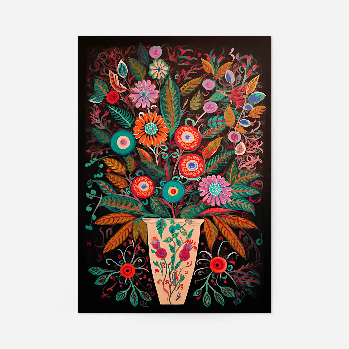 Folk Art Style Flowers Dark Print
