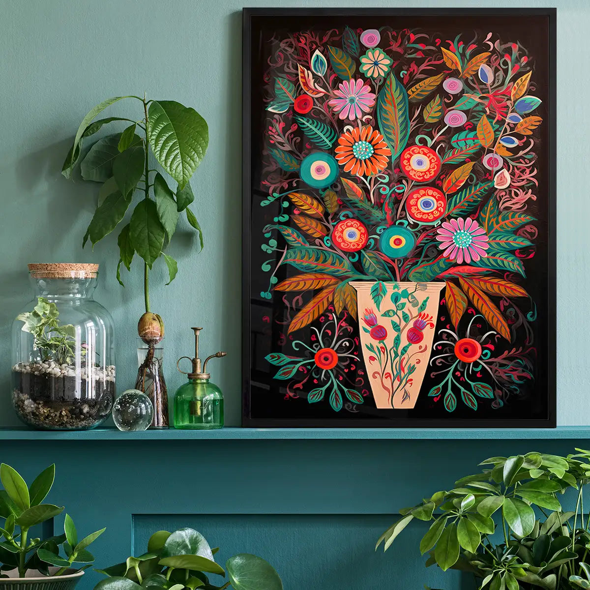 Folk Art Style Flowers Dark Print
