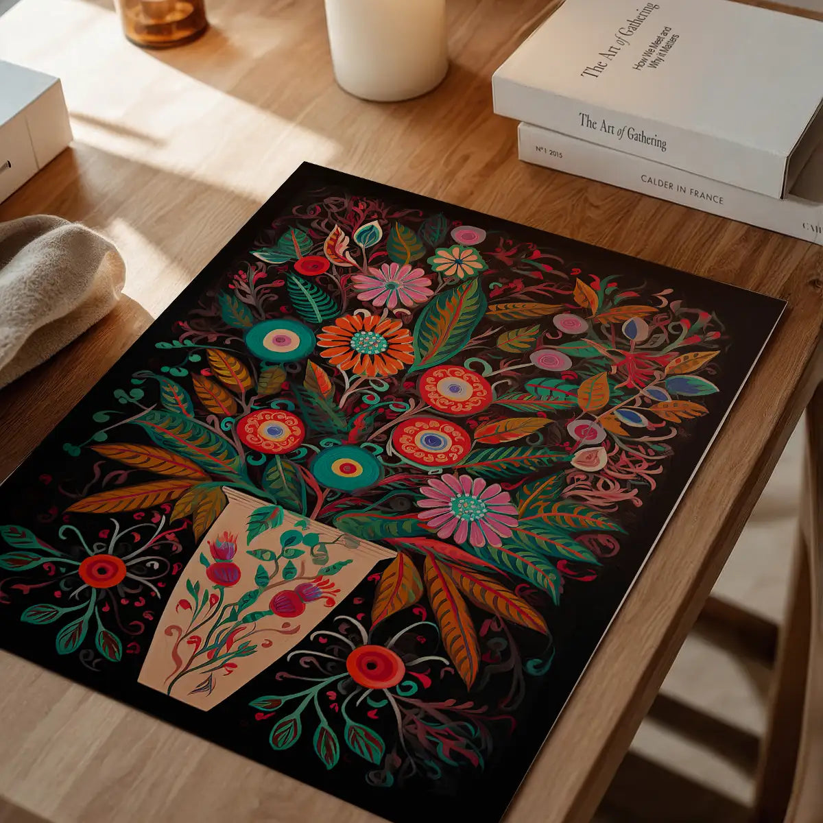 Folk Art Style Flowers Dark Print