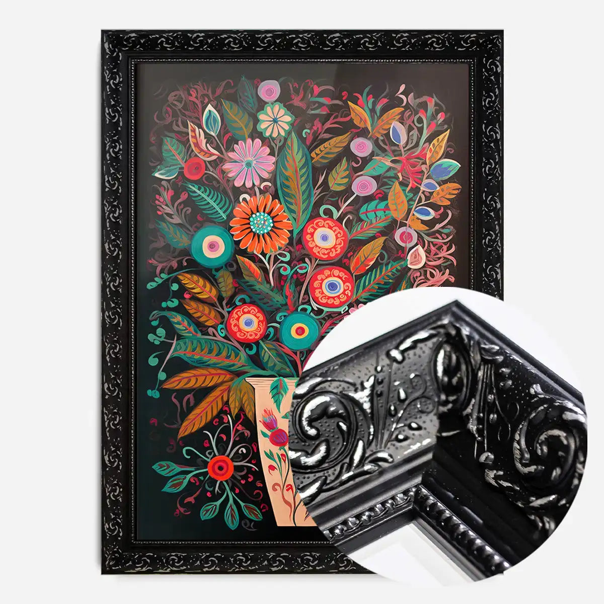 Folk Art Style Flowers Dark Print