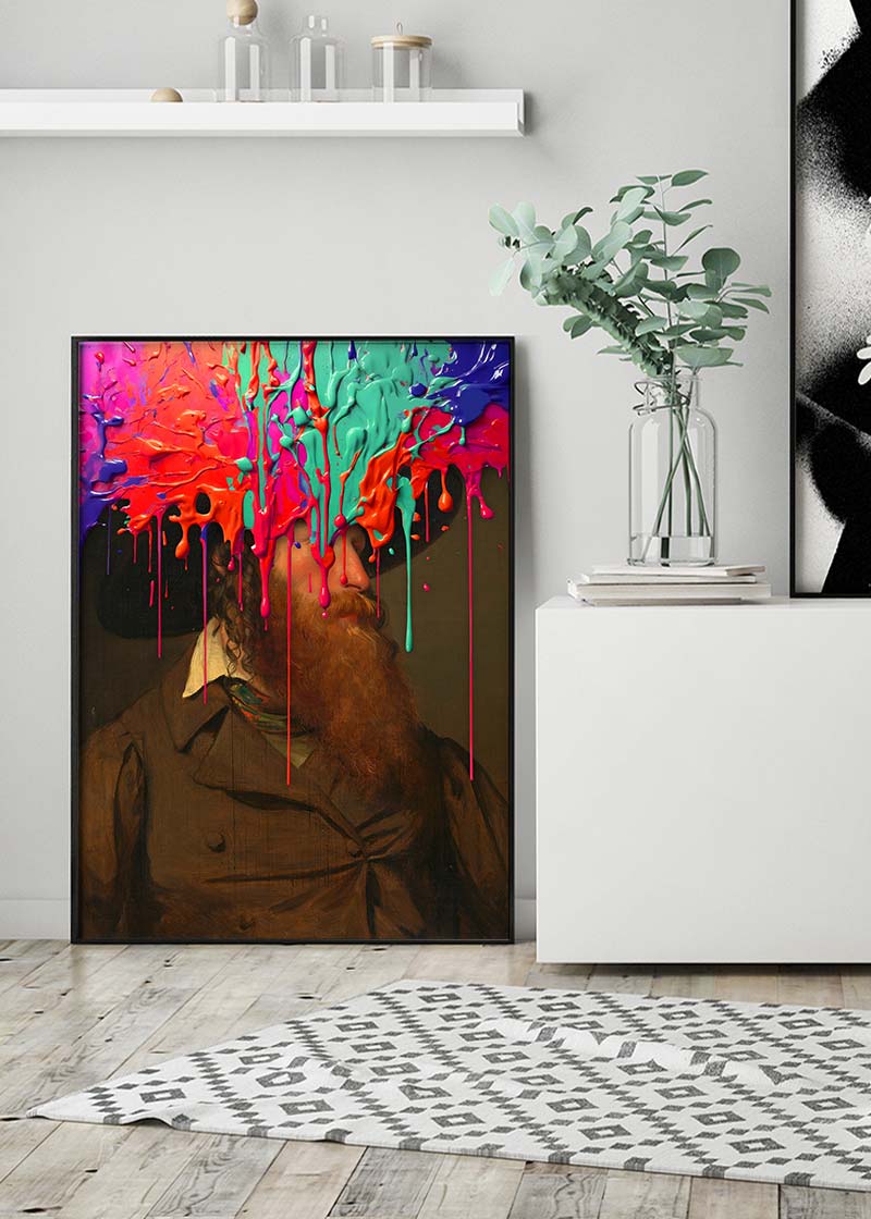 Multicolour Gloopy Paint Drip Funky Male Portrait Print